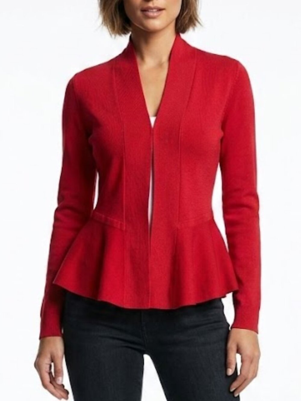 WHBM Cherry Red Coquette Peplum Knit Cardigan Open Front Sweater XXS